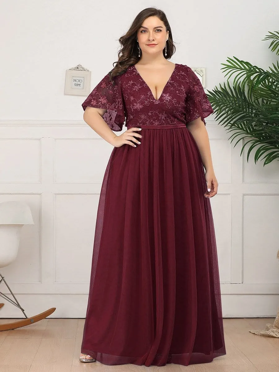 V-Neck Embroidery Plus Size Tulle Bridesmaid Dress with Ruffle Sleeve