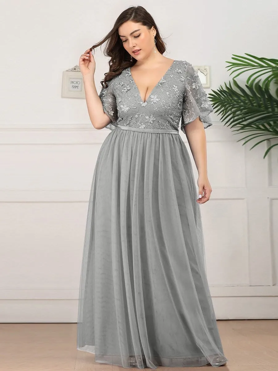 V-Neck Embroidery Plus Size Tulle Bridesmaid Dress with Ruffle Sleeve