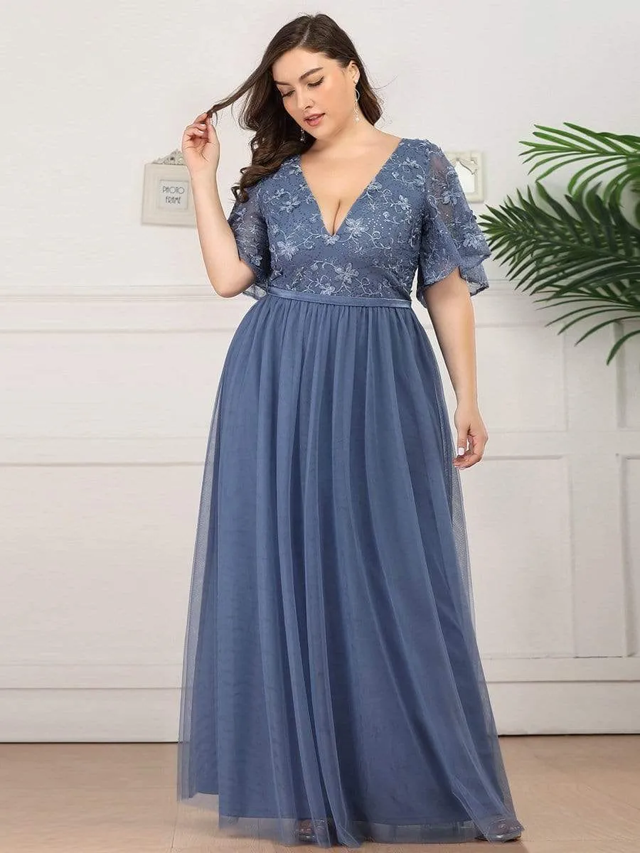 V-Neck Embroidery Plus Size Tulle Bridesmaid Dress with Ruffle Sleeve