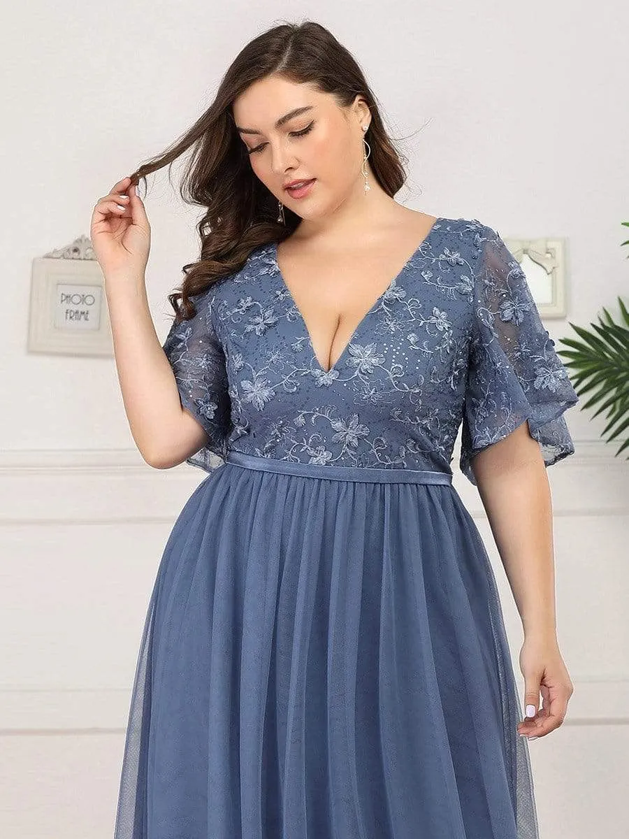 V-Neck Embroidery Plus Size Tulle Bridesmaid Dress with Ruffle Sleeve