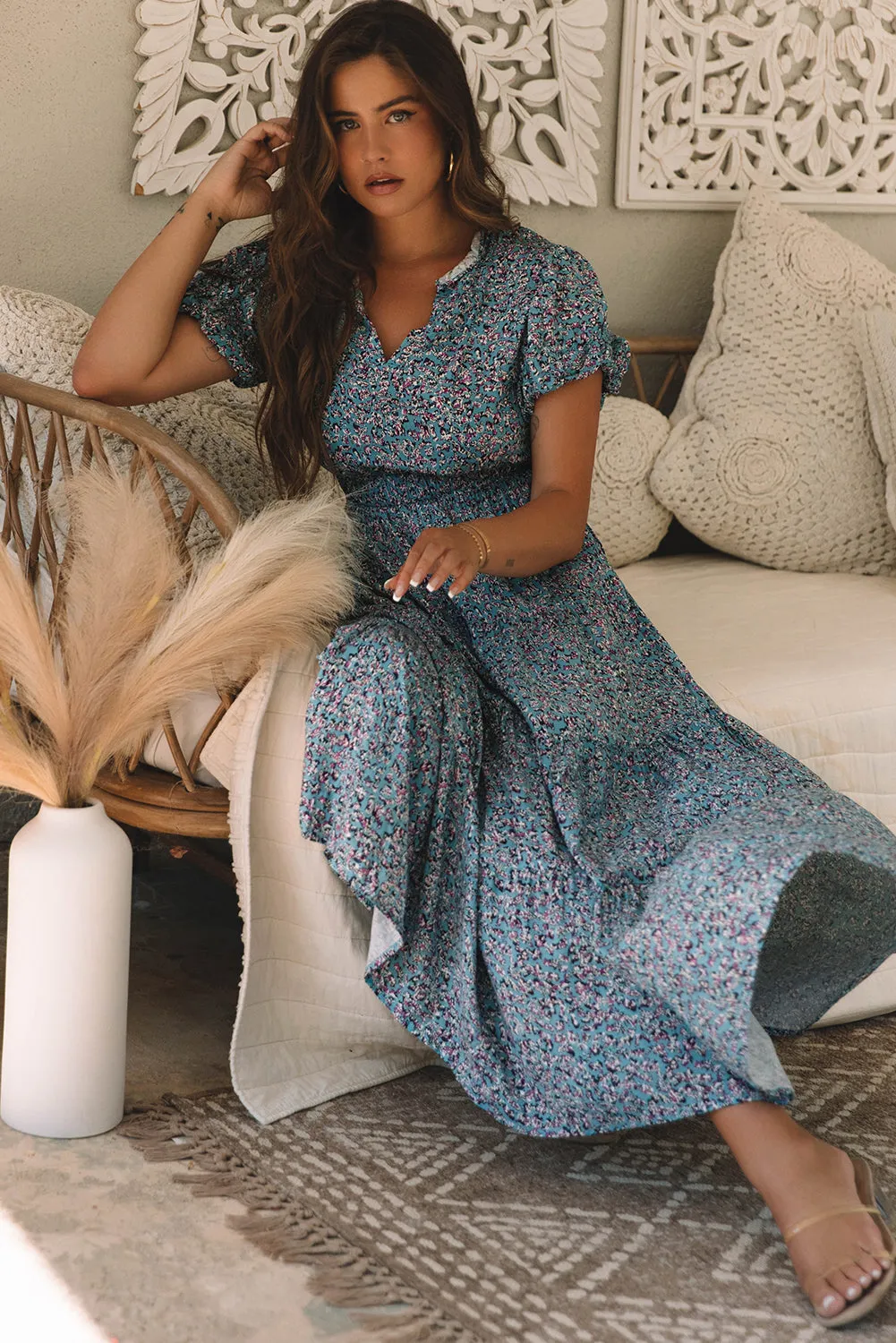 V Neck Shirred Short Puff Sleeve Maxi Dress