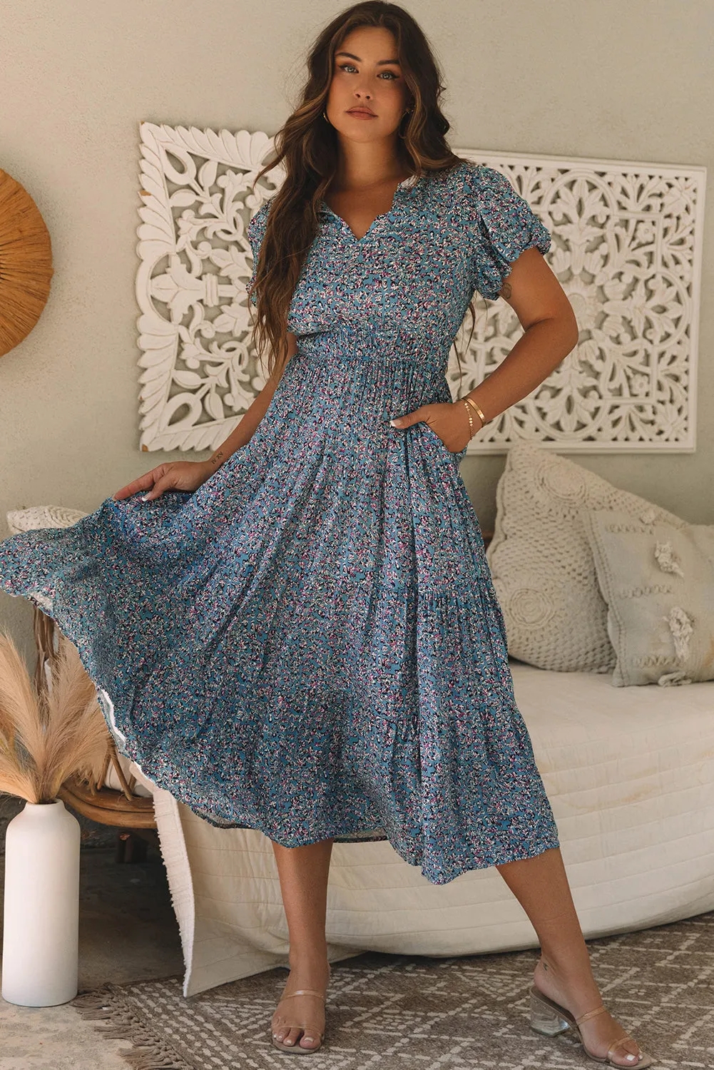 V Neck Shirred Short Puff Sleeve Maxi Dress