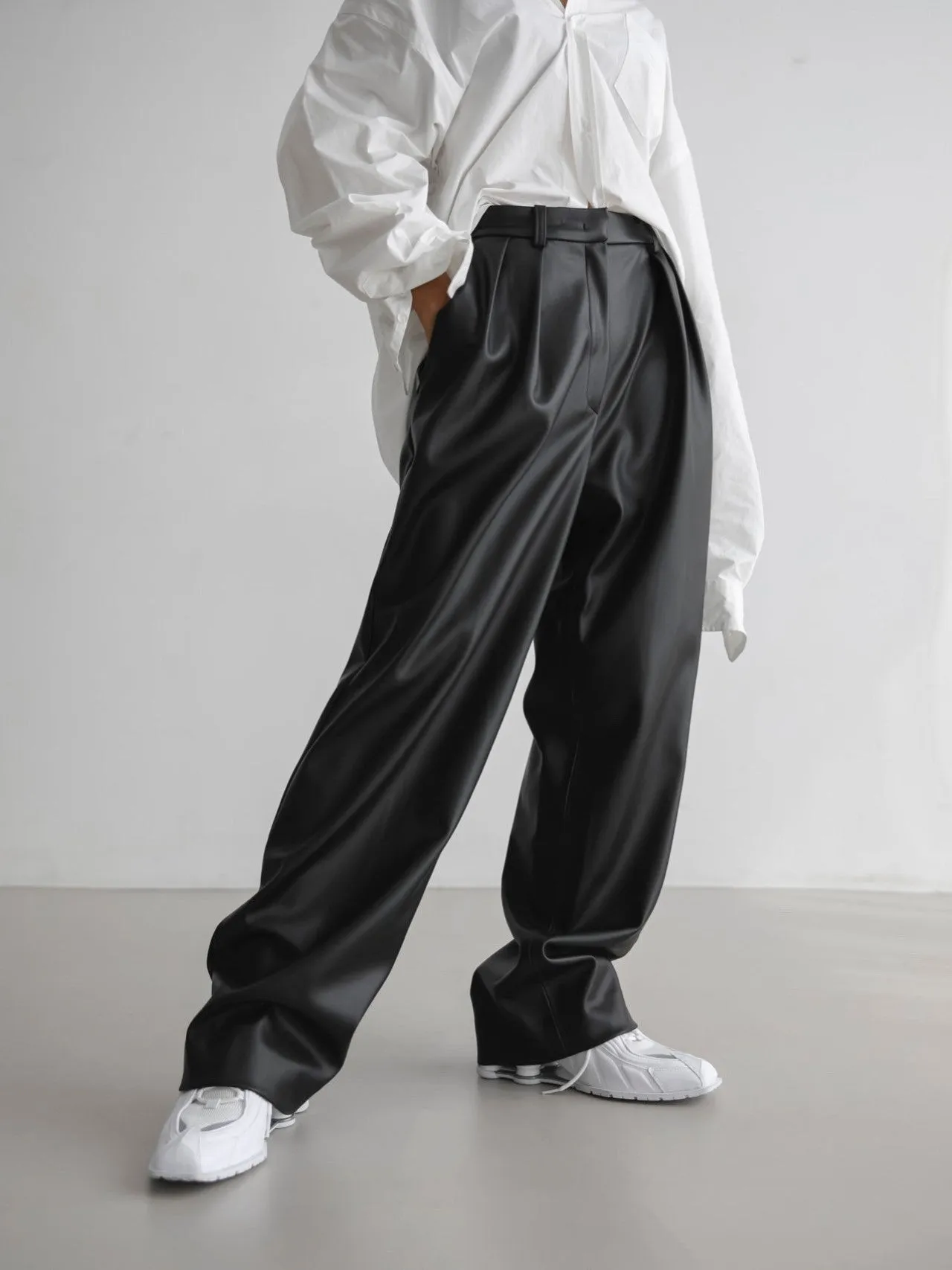 VEGAN LEATHER LOW WAISTED DOUBLE PLEATED TROUSERS