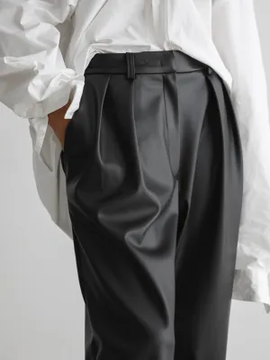 VEGAN LEATHER LOW WAISTED DOUBLE PLEATED TROUSERS