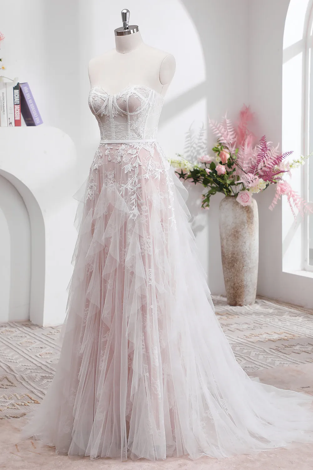 White A Line Sweetheart Sweep Train Corset Wedding Dress with Applique Lace