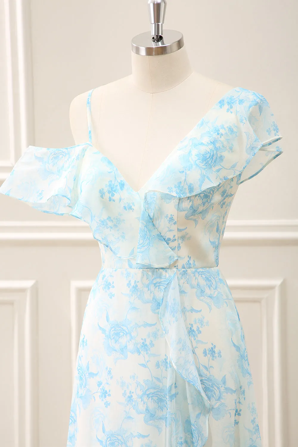 White Blue Flower A Line Chiffon Ruffled Tea Length Dress