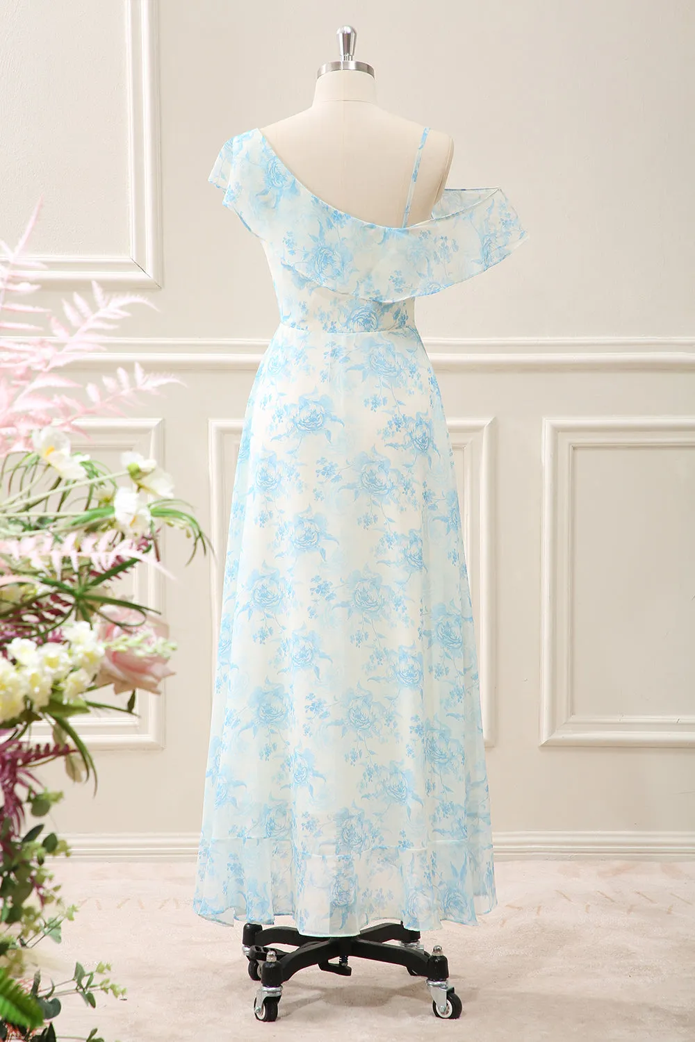 White Blue Flower A Line Chiffon Ruffled Tea Length Dress