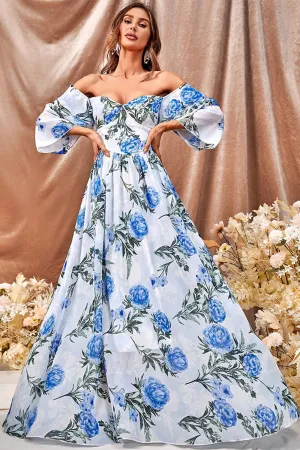 White Blue Flower A Line Maxi Dress with Ruffled Sleeves