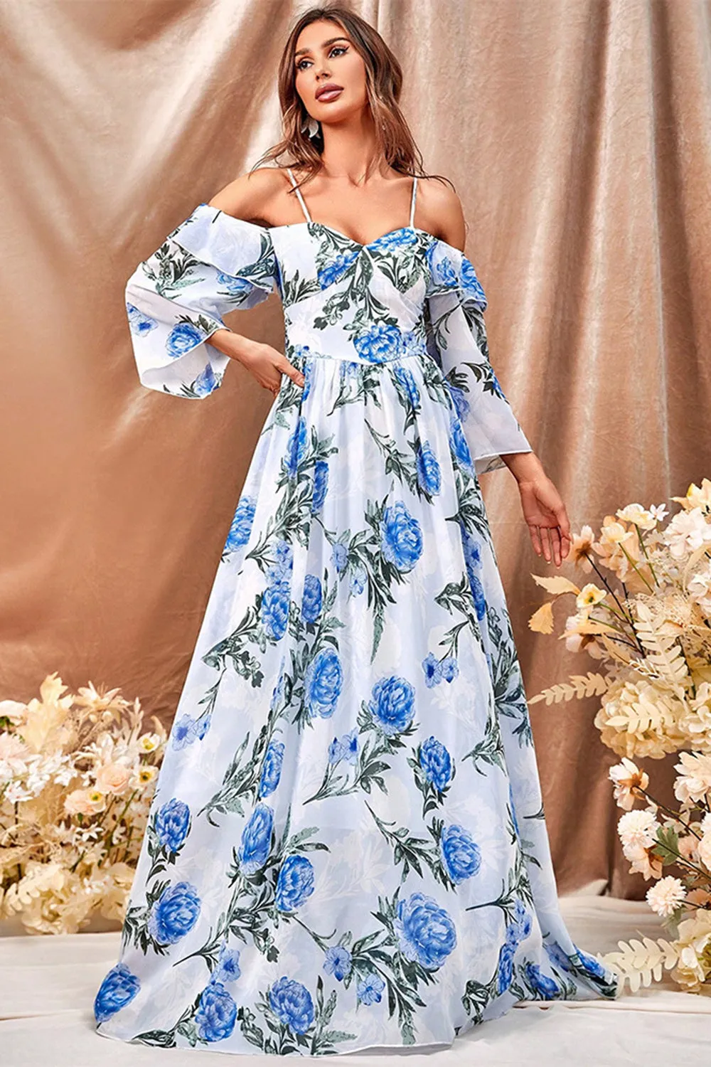 White Blue Flower A Line Maxi Dress with Ruffled Sleeves