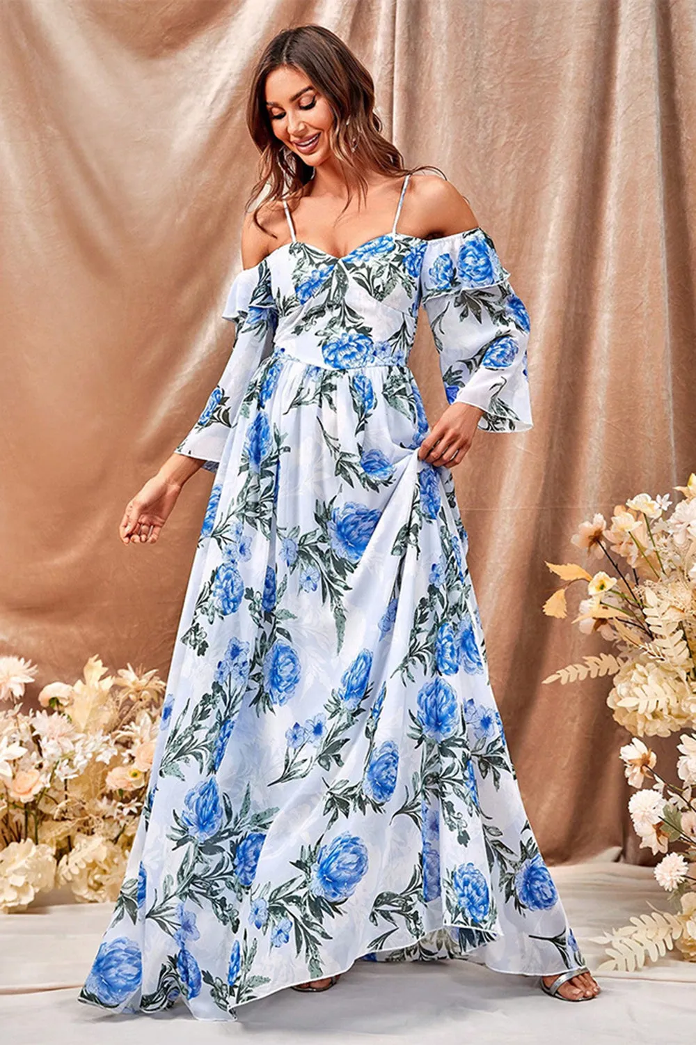 White Blue Flower A Line Maxi Dress with Ruffled Sleeves