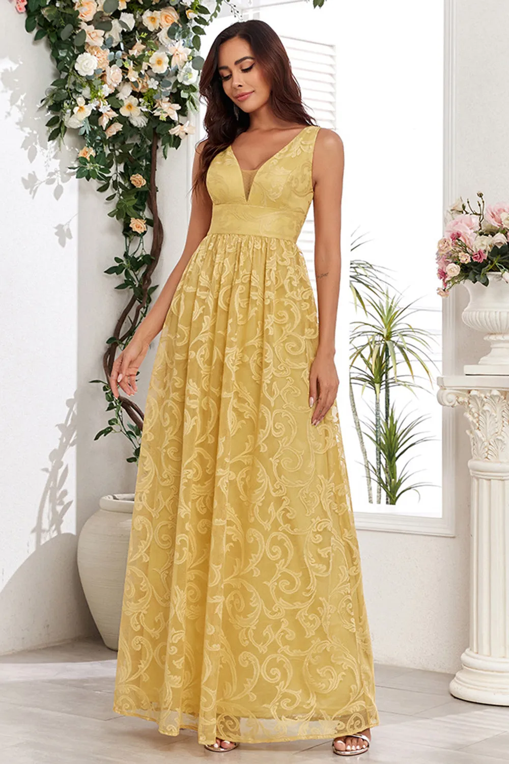 Yellow A Line V Neck Appliques Spaghetti Straps Maxi Dress